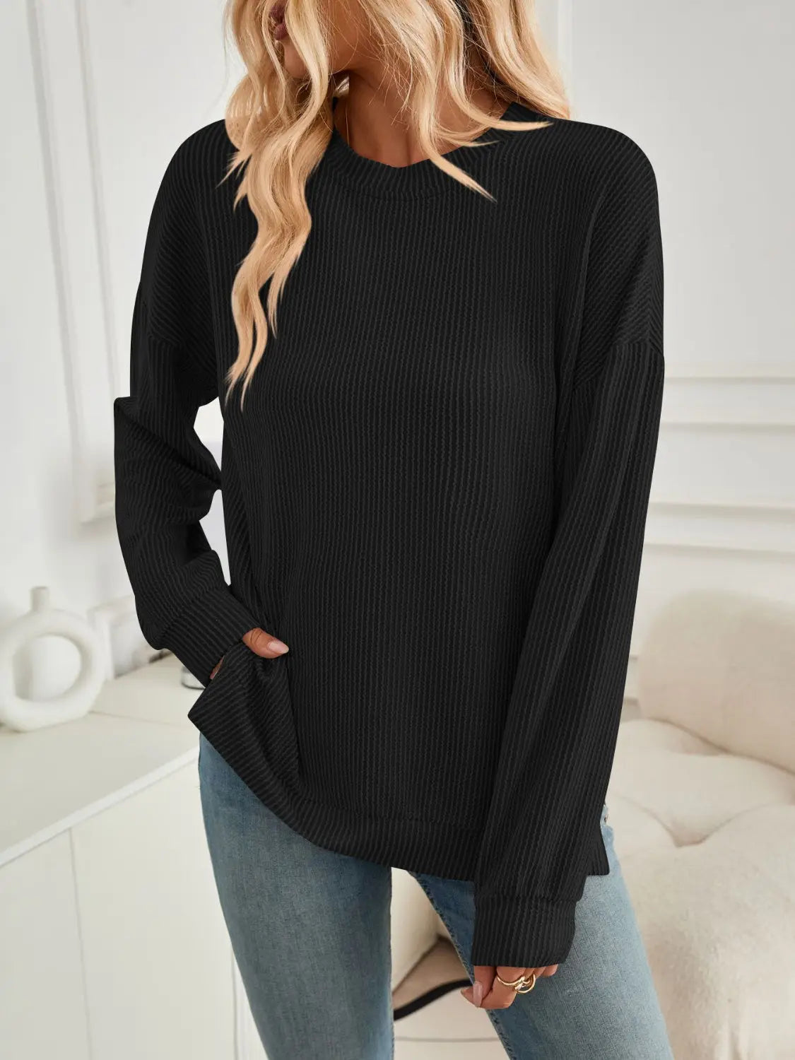 Slit Round Neck Long Sleeve Sweatshirt Trendsi