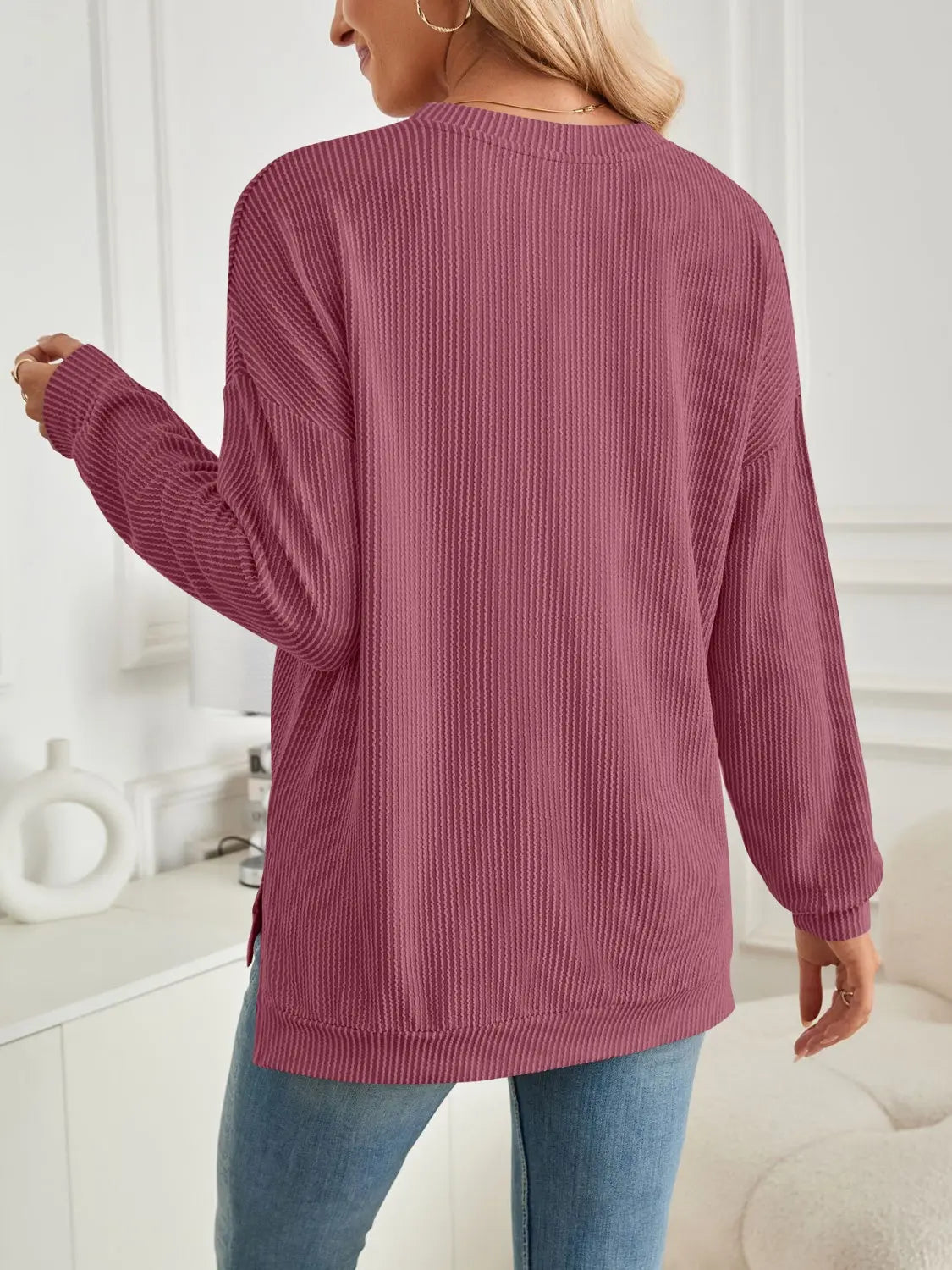 Slit Round Neck Long Sleeve Sweatshirt Trendsi