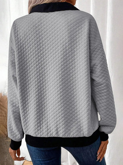 Texture Quarter Button Long Sleeve Sweatshirt Trendsi