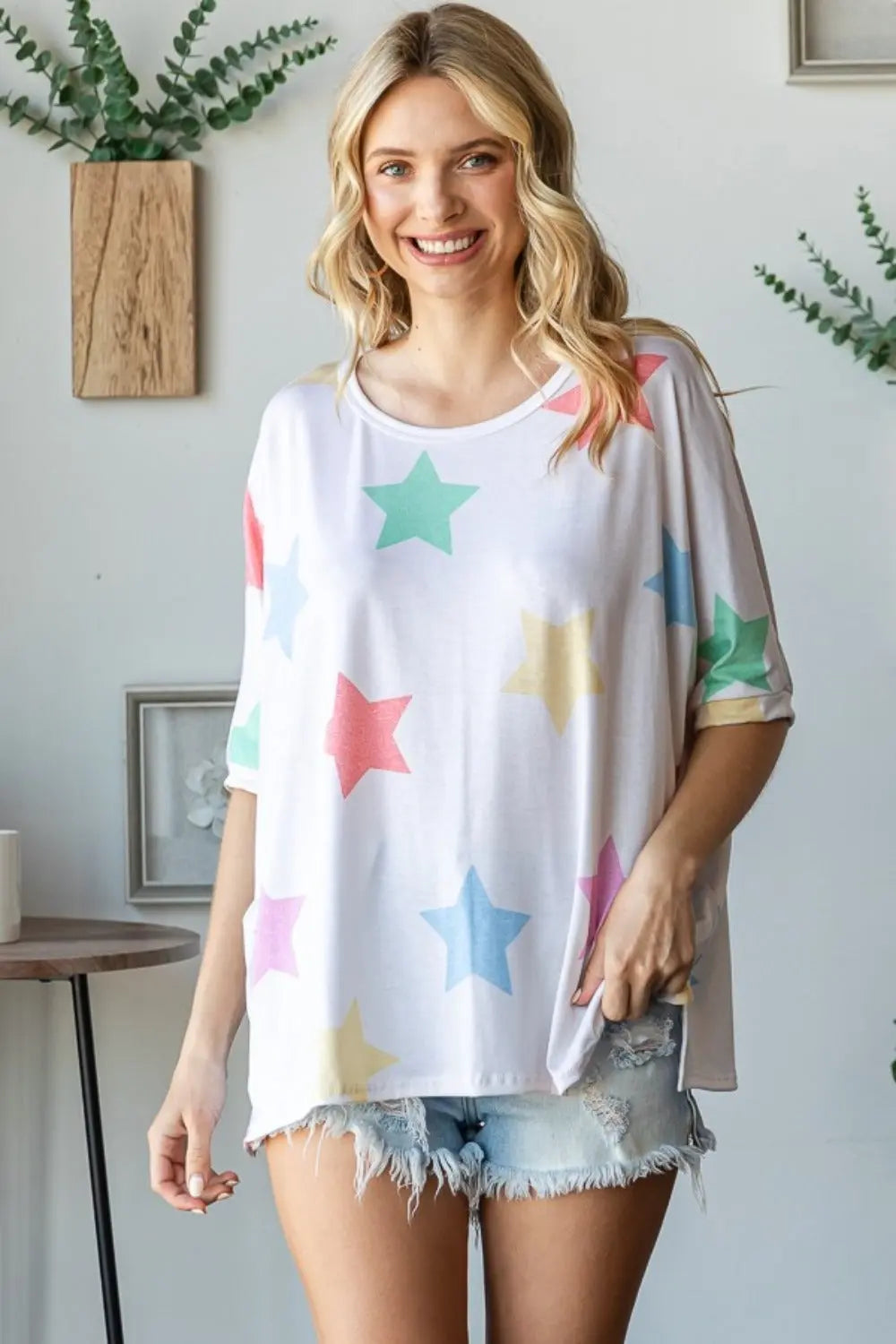 HOPELY Full Size Multi Colored Star Print T-Shirt Trendsi