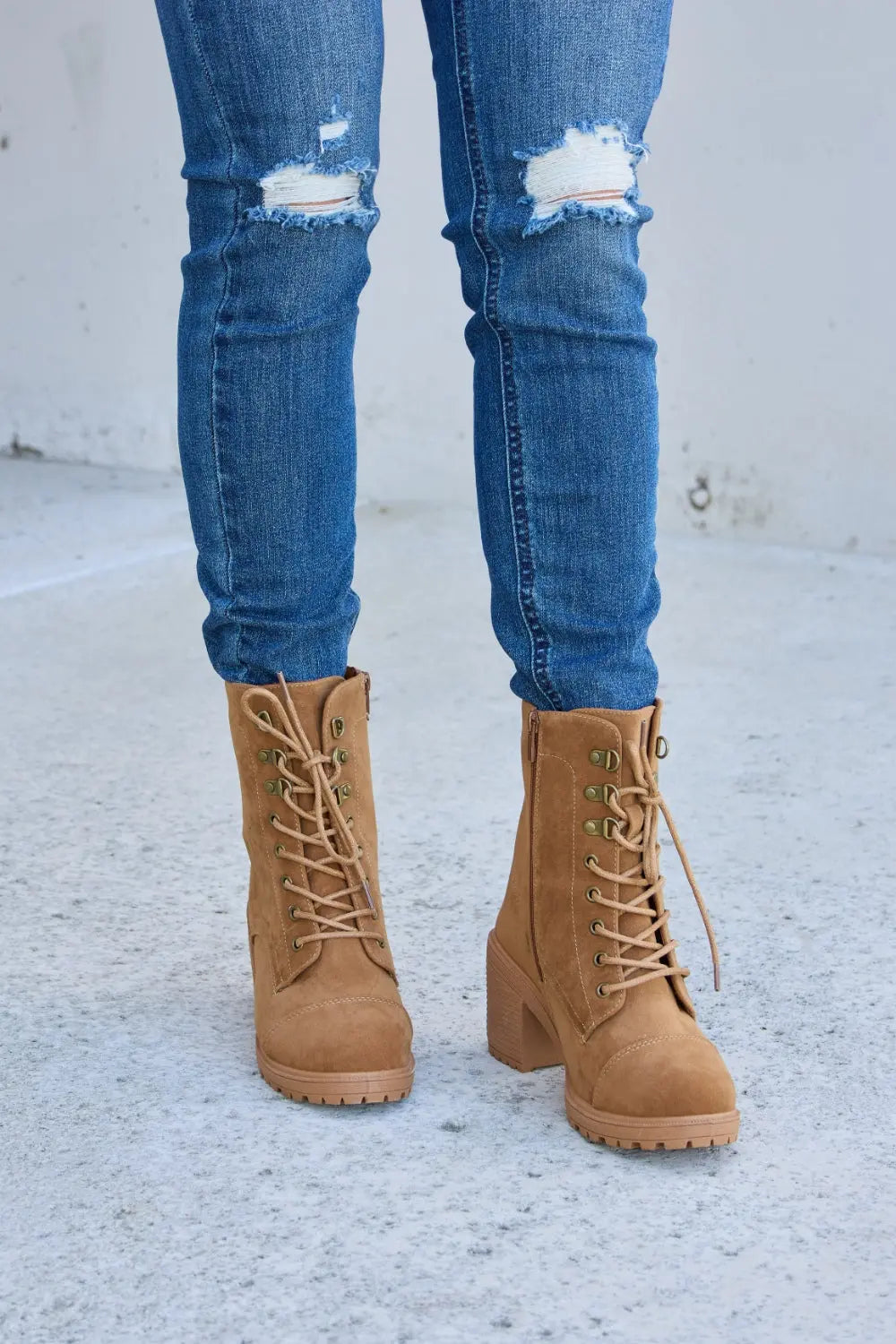 Forever Link Lace-Up Zipper Detail Block Heel Boots Trendsi