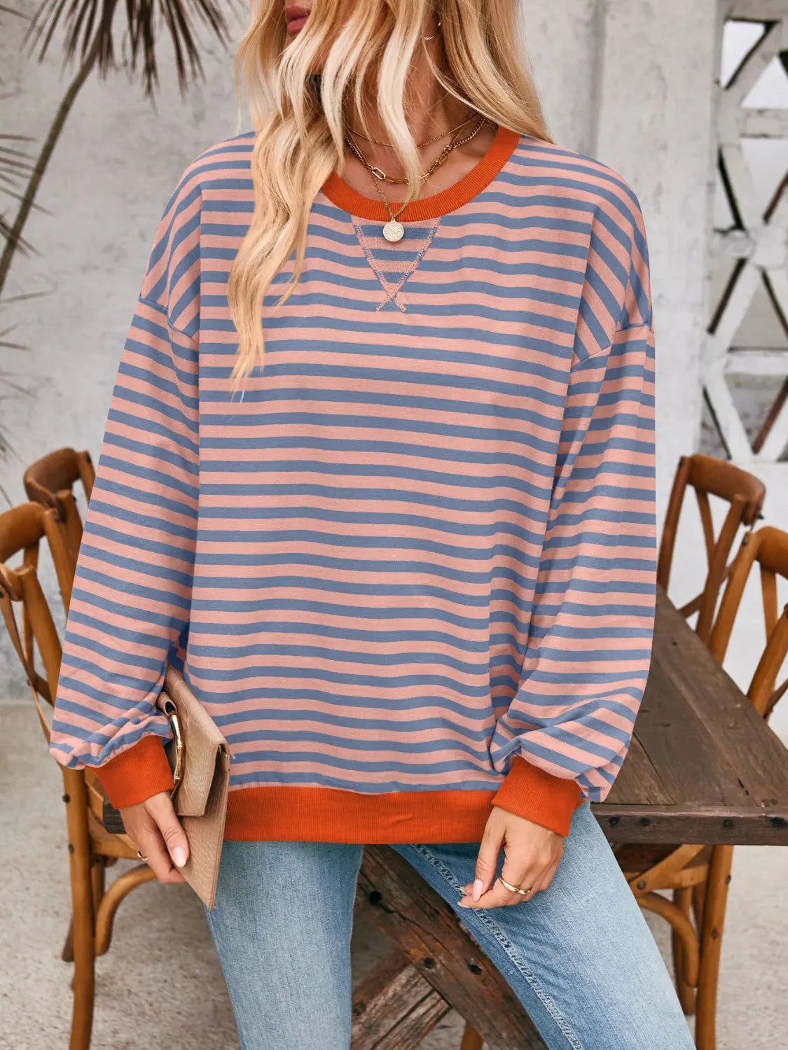 Contrast Striped Long Sleeve Sweatshirt Trendsi