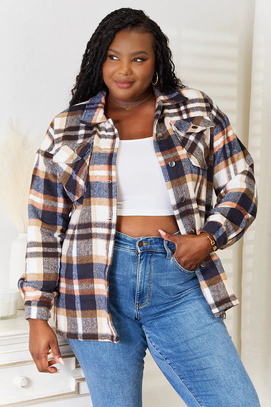 Double Take Plaid Button Front Shirt Jacket with Breast Pockets Trendsi