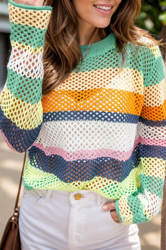 Openwork Color Block Round Neck Knit Top Trendsi