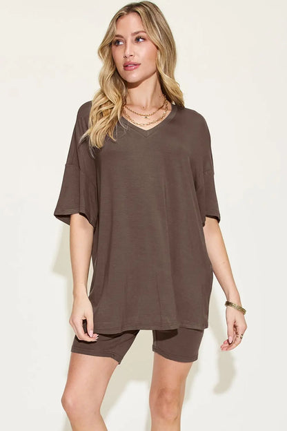 Basic Bae Full Size V-Neck Drop Shoulder T-Shirt and Shorts Set Trendsi