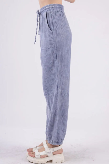 VERY J Washed Woven Crinkle Gauze Drawstring Cargo Pants Trendsi