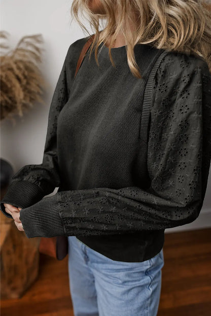 Eyelet Round Neck Long Sleeve Sweatshirt Trendsi