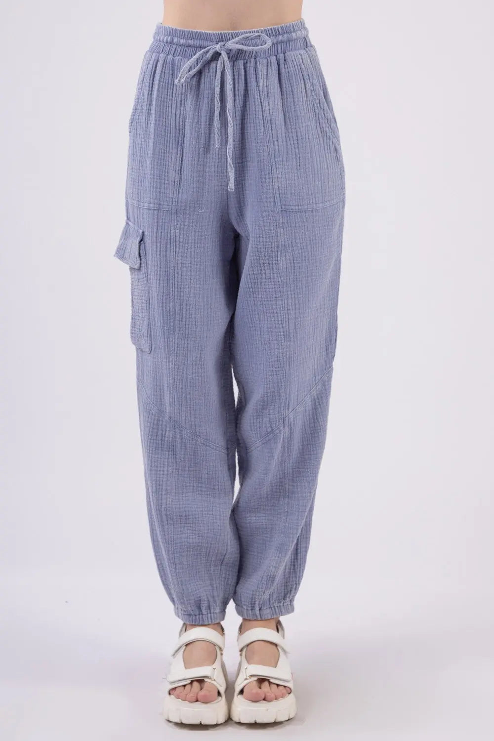 VERY J Washed Woven Crinkle Gauze Drawstring Cargo Pants Trendsi