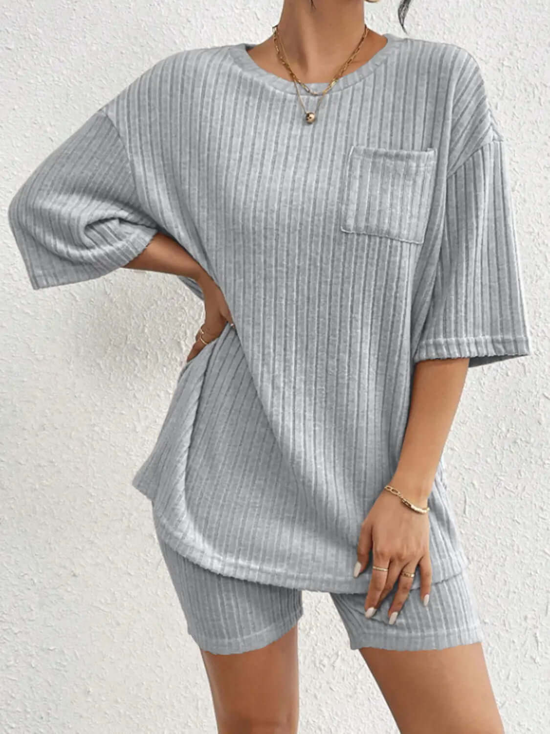 Ribbed Round Neck Top and Shorts Set Trendsi