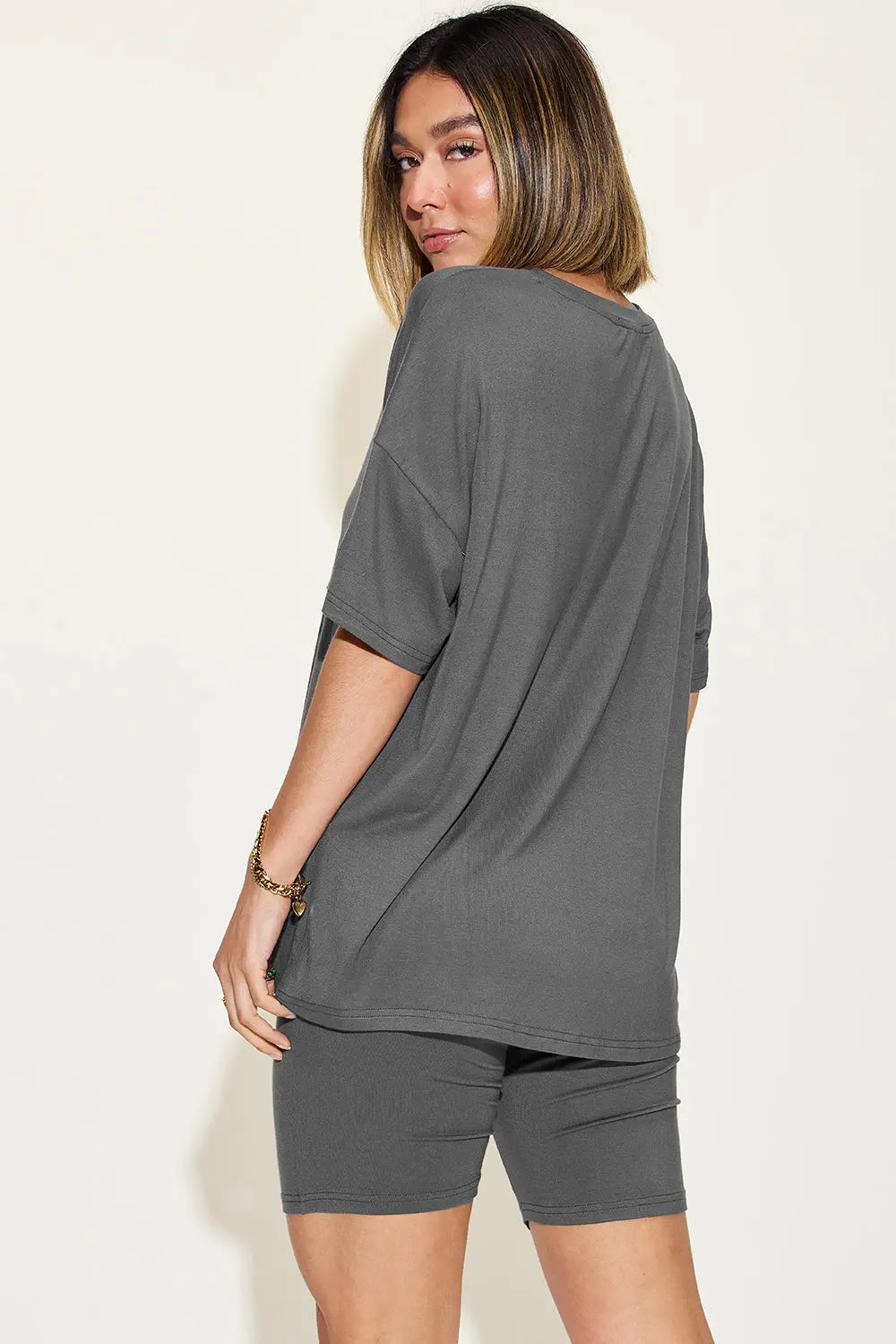 Basic Bae Full Size V-Neck Drop Shoulder T-Shirt and Shorts Set Trendsi