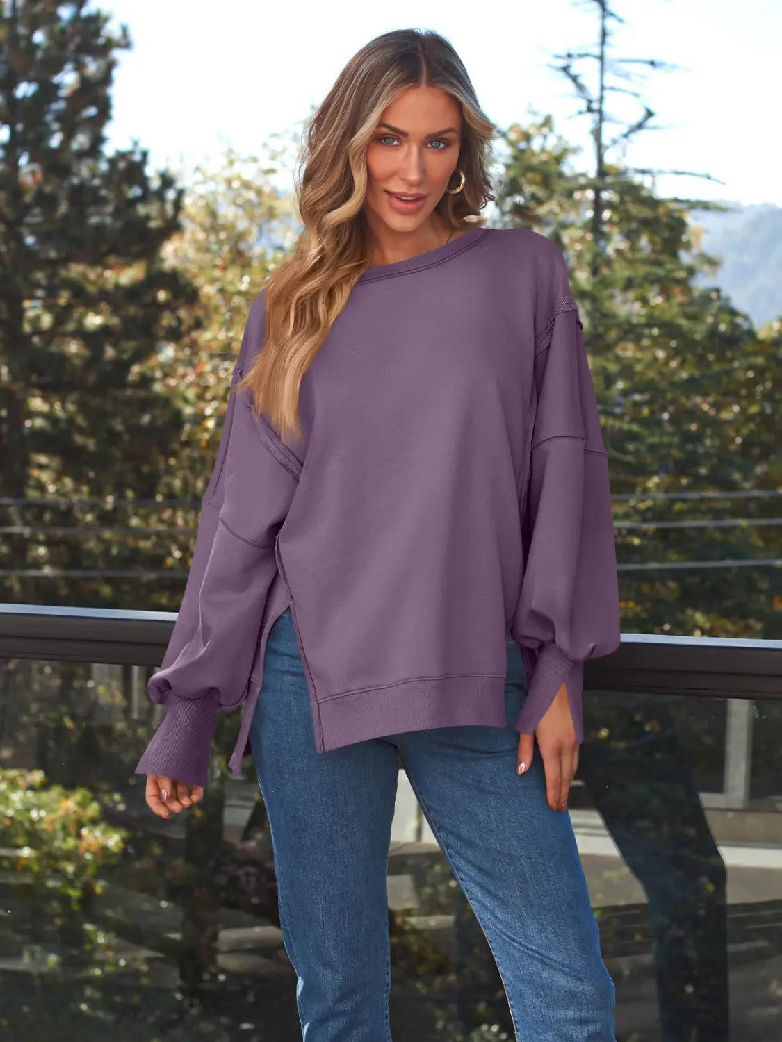 Slit Round Neck Long Sleeve Sweatshirt Trendsi