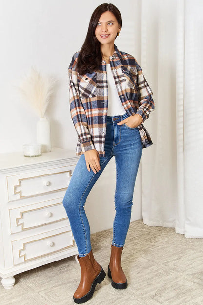 Double Take Plaid Button Front Shirt Jacket with Breast Pockets Trendsi