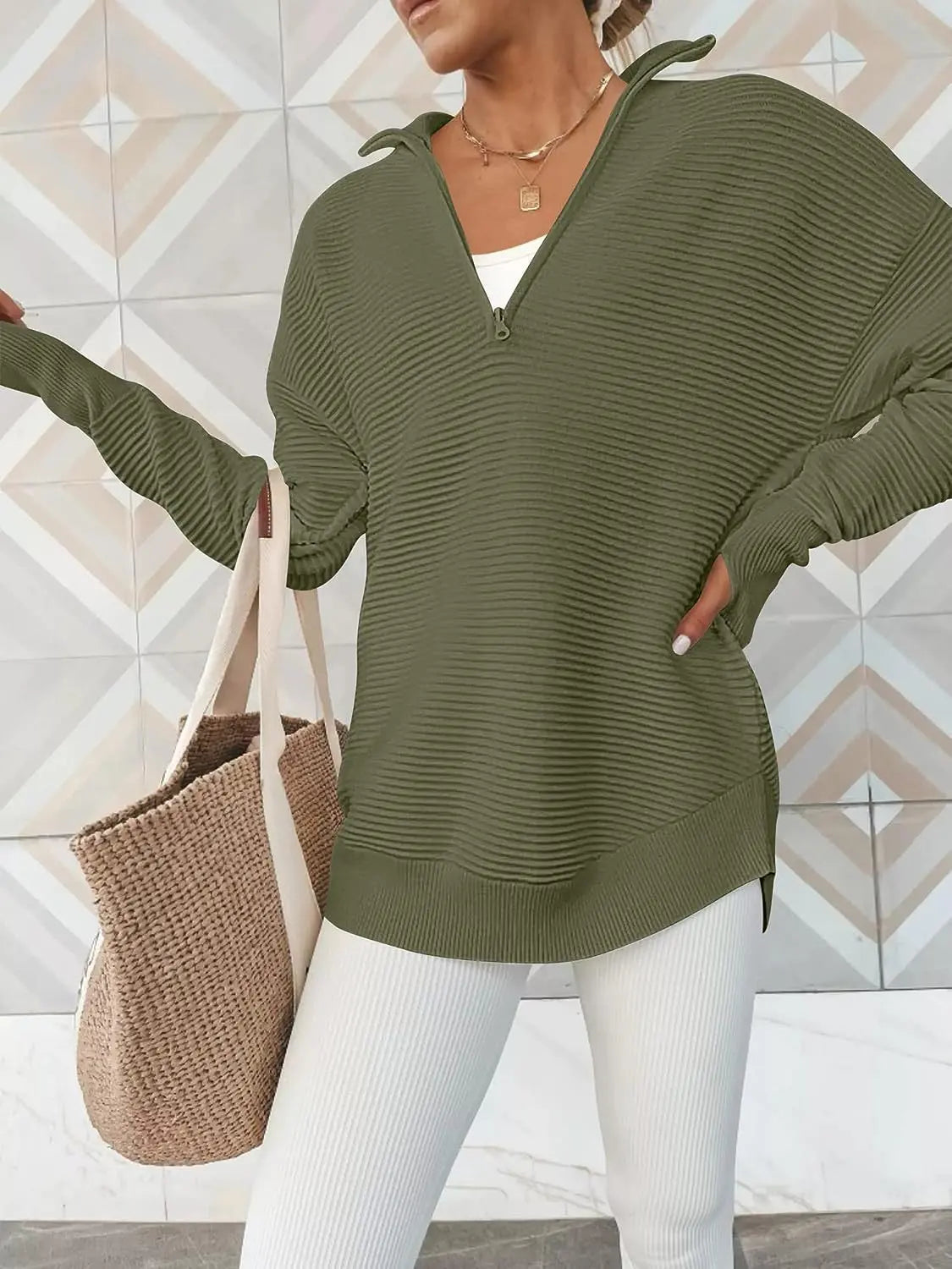 Half Zip Long Sleeve Knit Top Trendsi