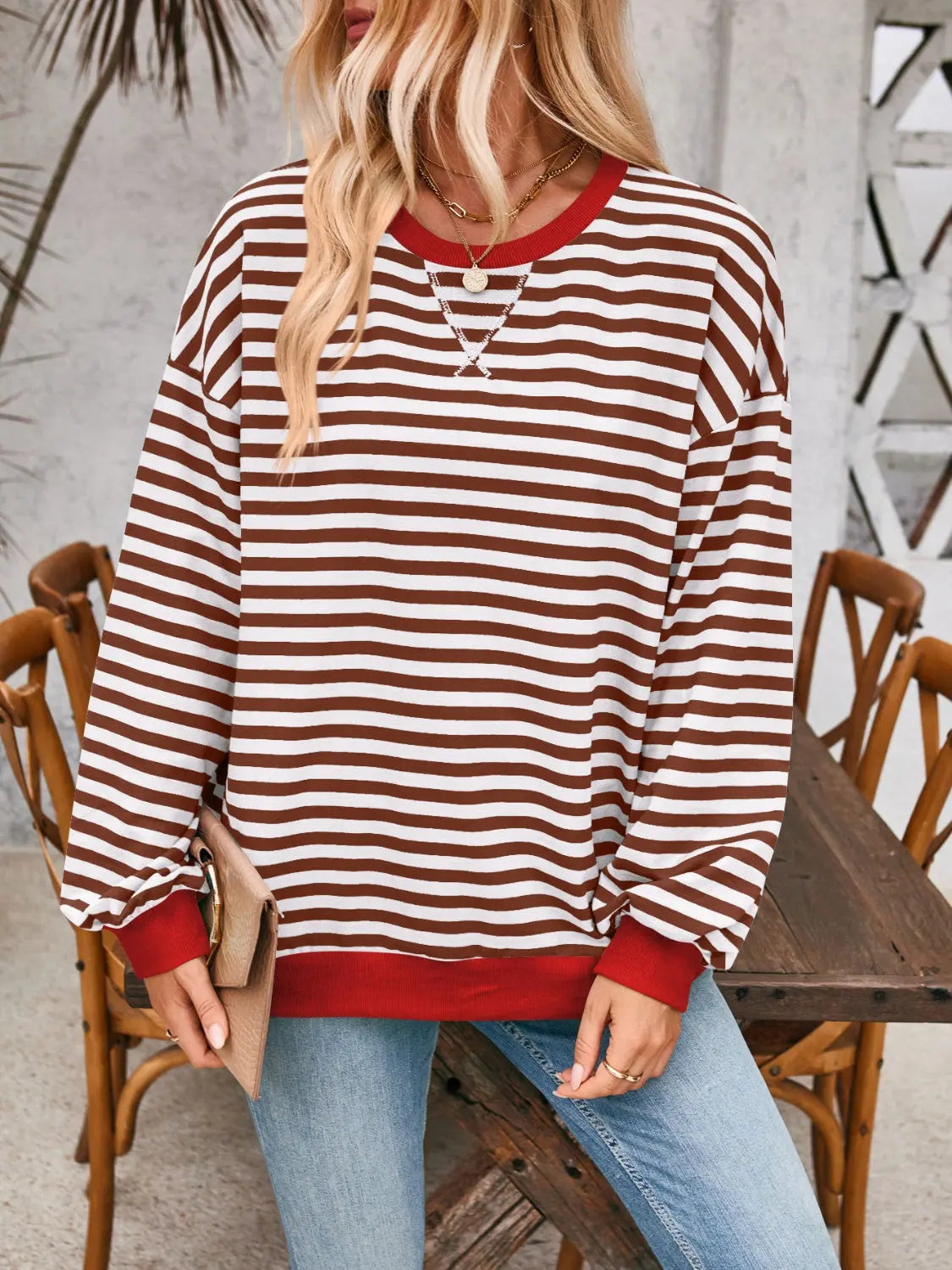 Contrast Striped Long Sleeve Sweatshirt Trendsi