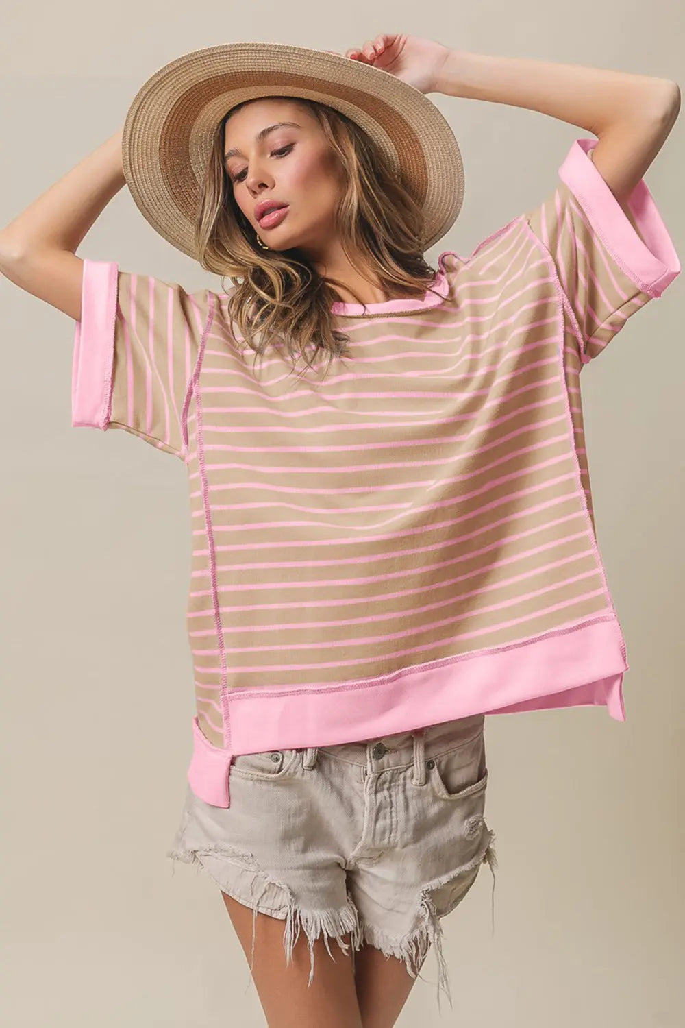 BiBi Exposed Seam Stripe Contrast T-Shirt Trendsi