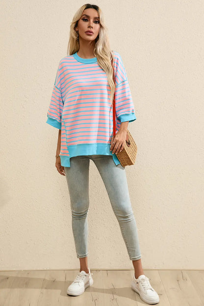 Striped Round Neck Half Sleeve T-Shirt Trendsi