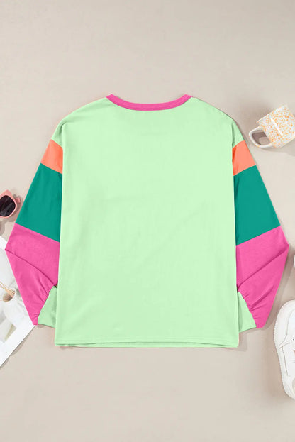 Color Block Round Neck Long Sleeve Top Trendsi