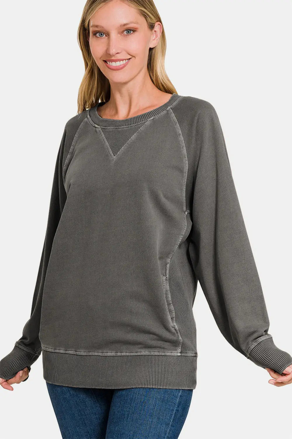 Zenana Round Neck Long Sleeve Sweatshirt Trendsi