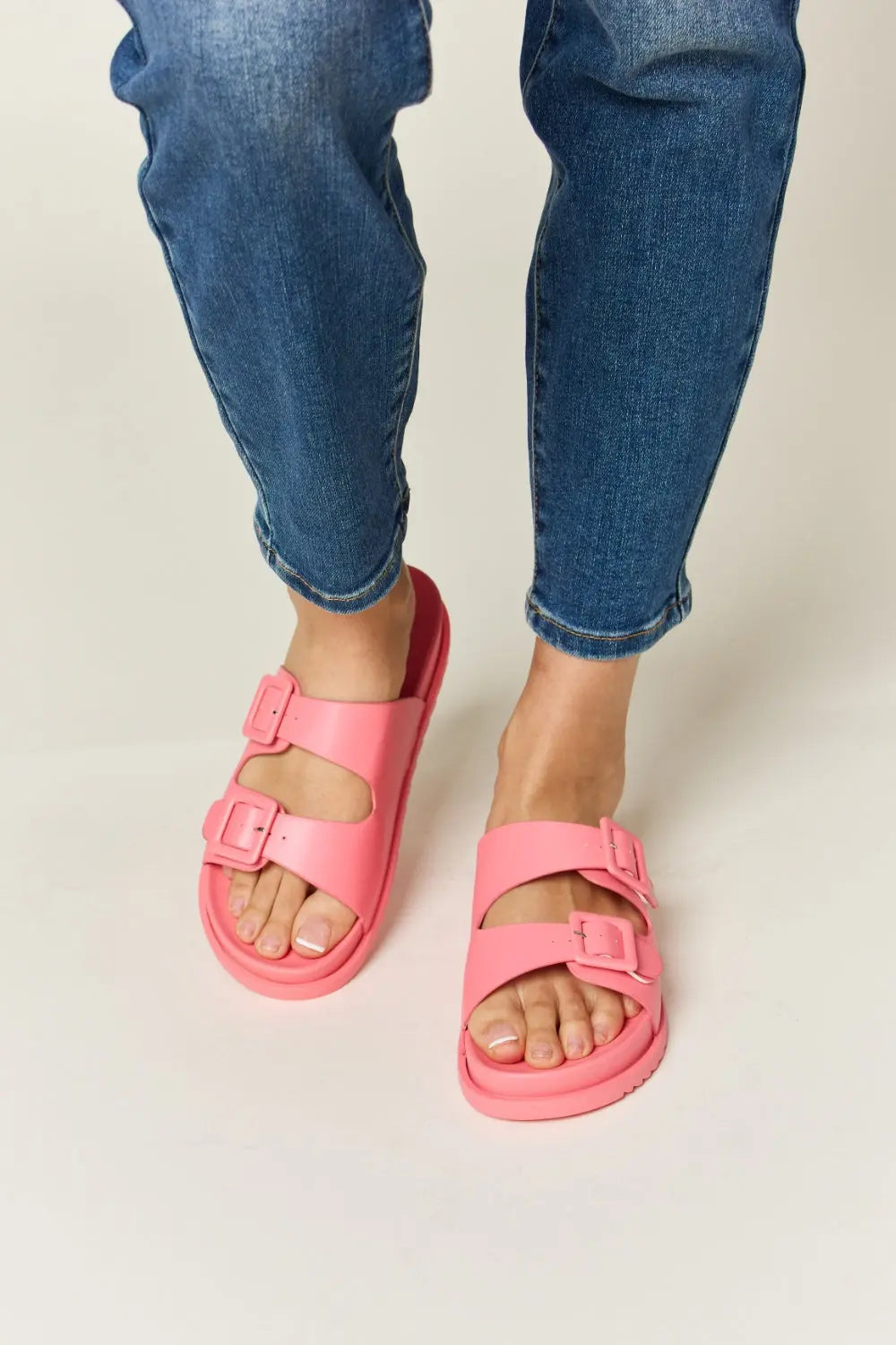 Legend Double Buckle Open Toe Sandals in pink, featuring two adjustable buckles and open toe design for comfort and style.