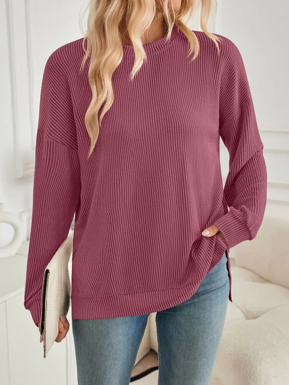 Slit Round Neck Long Sleeve Sweatshirt Trendsi