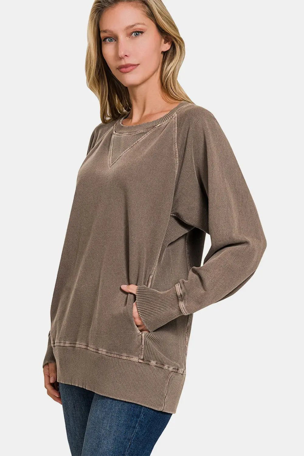 Zenana Round Neck Long Sleeve Sweatshirt Trendsi