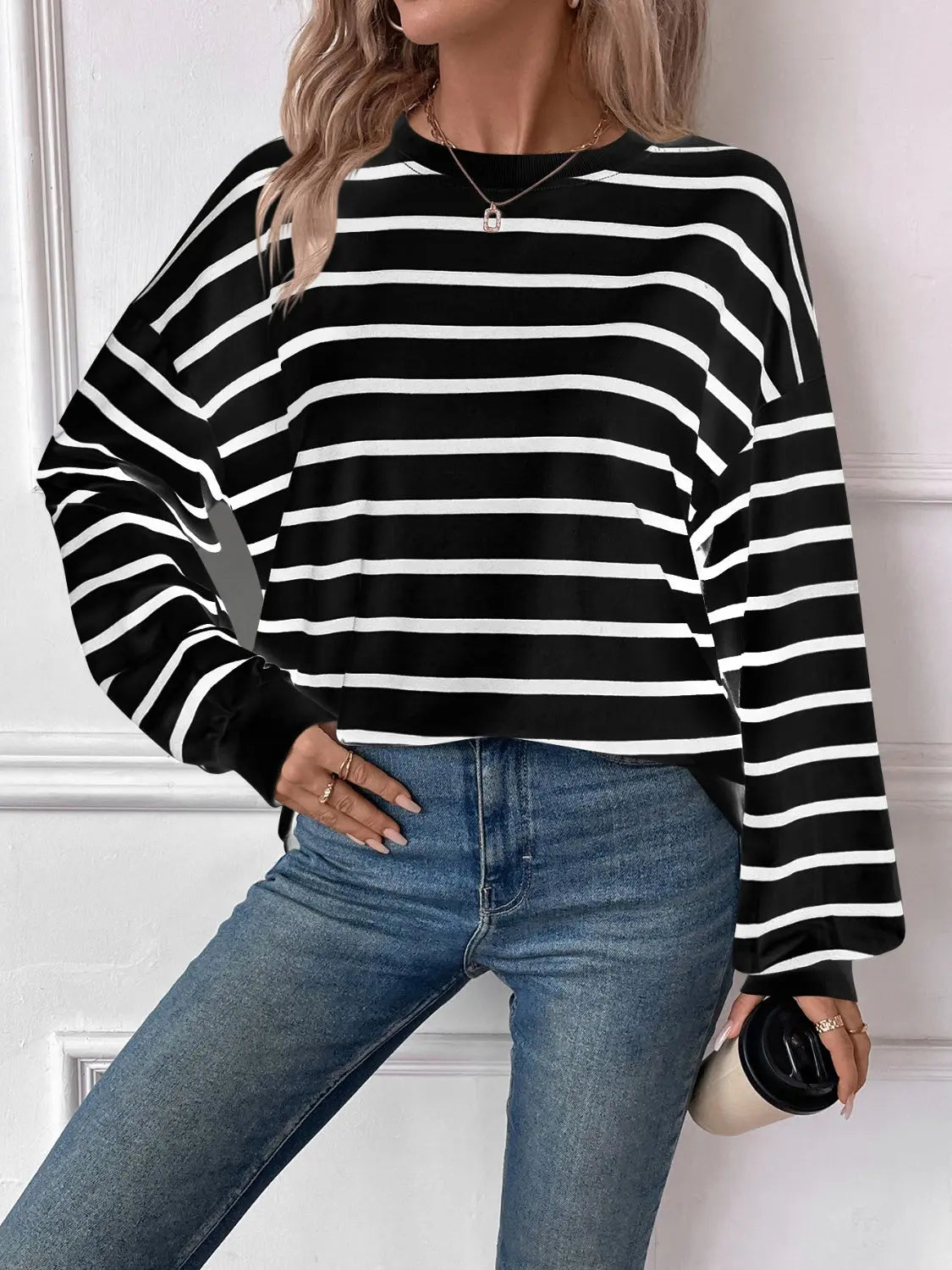 Striped Round Neck Long Sleeve Sweatshirt Trendsi