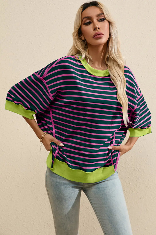 Striped Round Neck Half Sleeve T-Shirt Trendsi