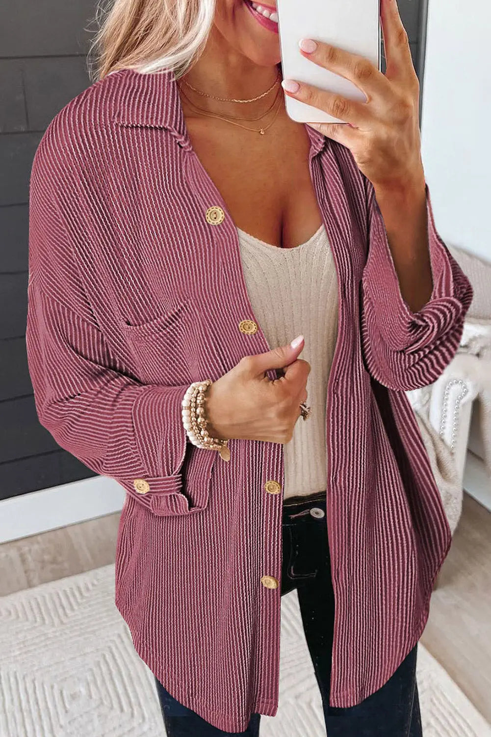 Striped Collared Neck Long Sleeve Shirt Trendsi