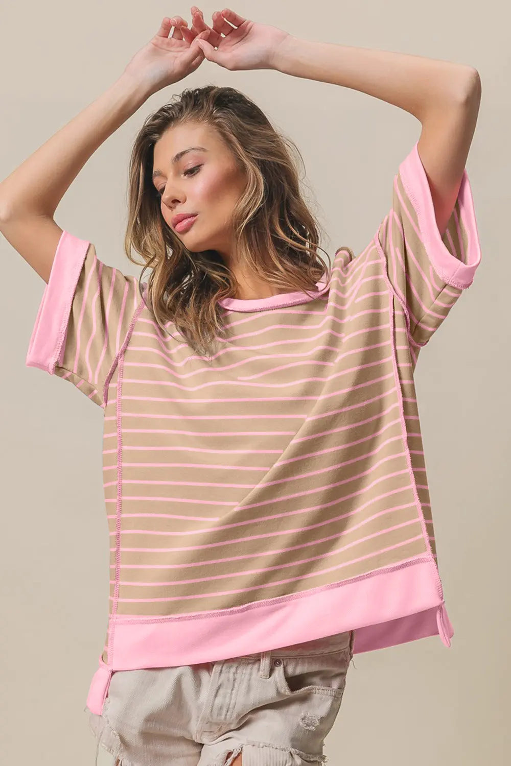 BiBi Exposed Seam Stripe Contrast T-Shirt Trendsi