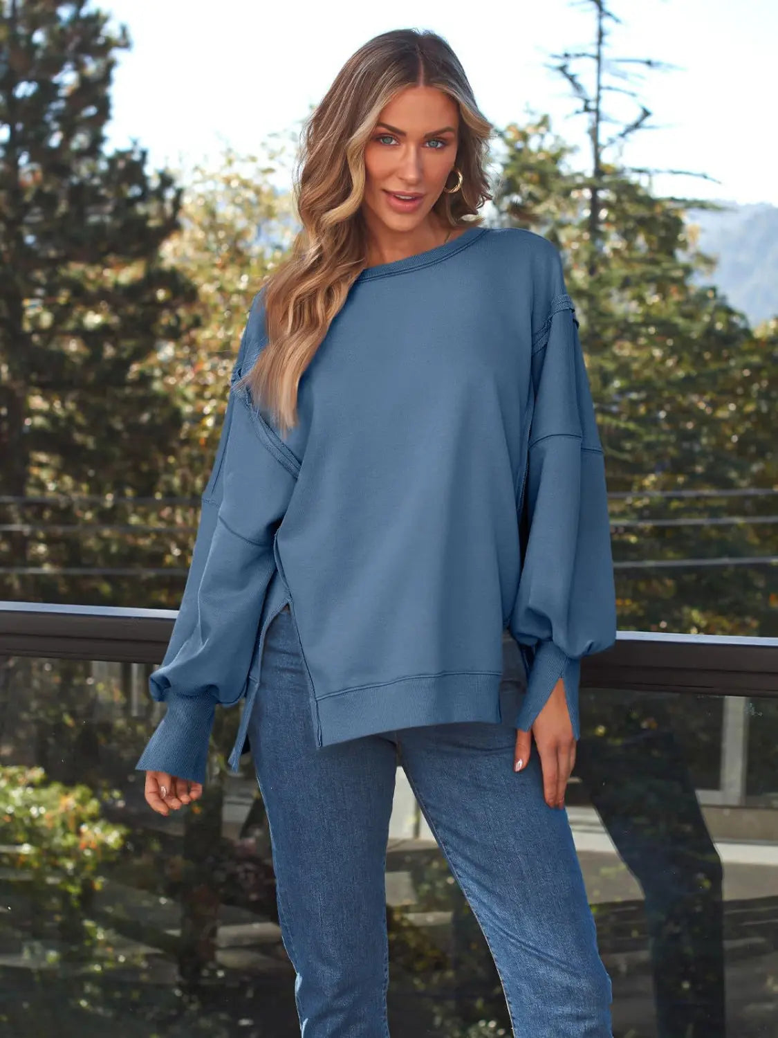 Slit Round Neck Long Sleeve Sweatshirt Trendsi