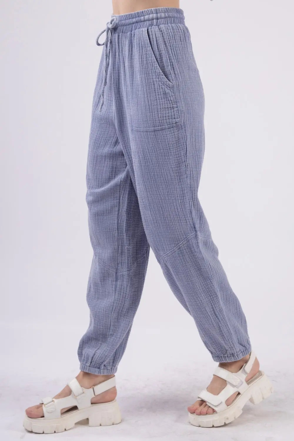 VERY J Washed Woven Crinkle Gauze Drawstring Cargo Pants Trendsi