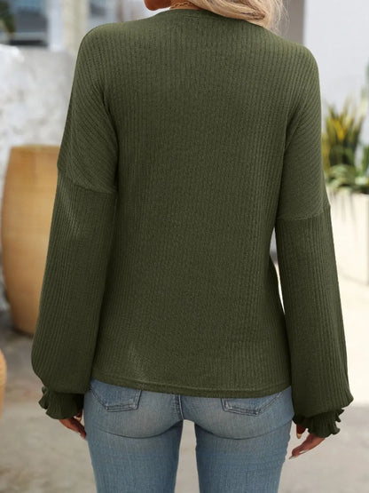 Ribbed Round Neck Long Sleeve T-Shirt Trendsi