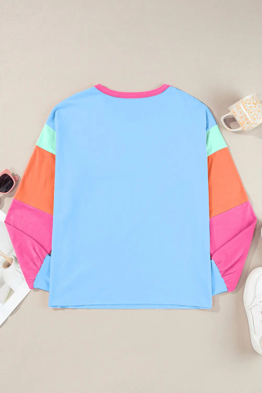 Color Block Round Neck Long Sleeve Top Trendsi