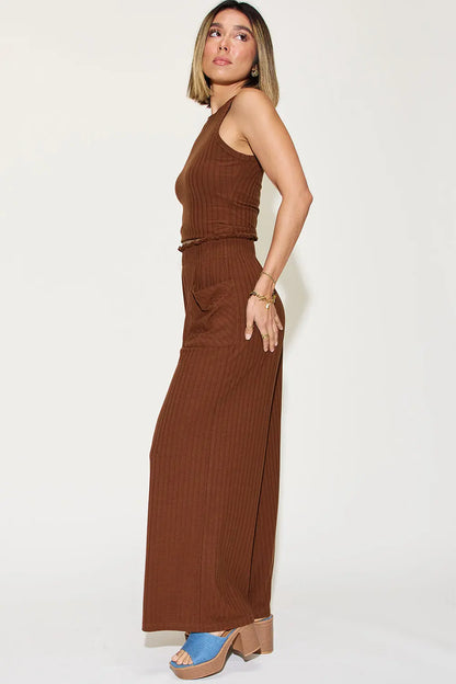 Basic Bae Full Size Ribbed Tank and Wide Leg Pants Set Trendsi