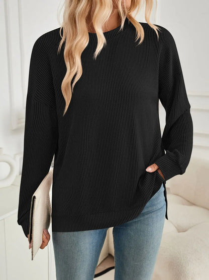 Slit Round Neck Long Sleeve Sweatshirt Trendsi