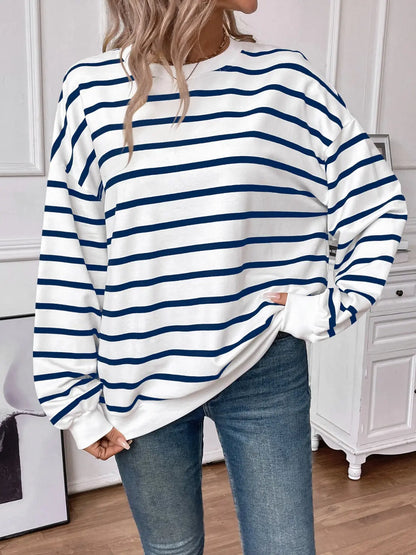 Striped Round Neck Long Sleeve Sweatshirt Trendsi