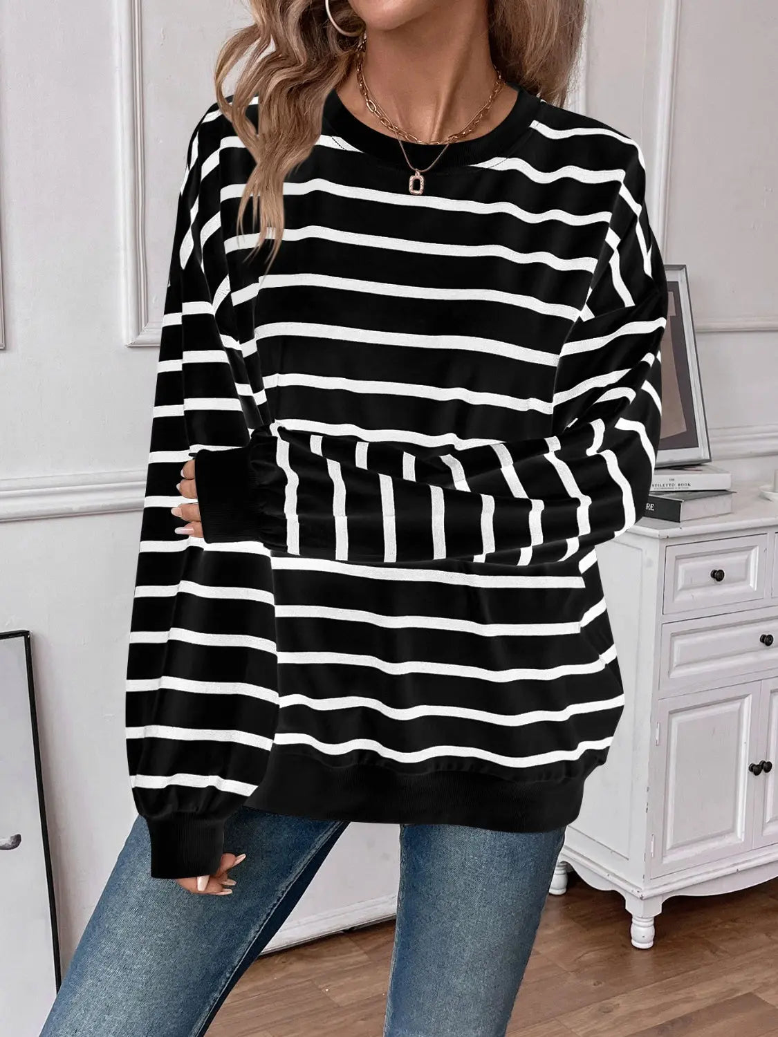 Striped Round Neck Long Sleeve Sweatshirt Trendsi