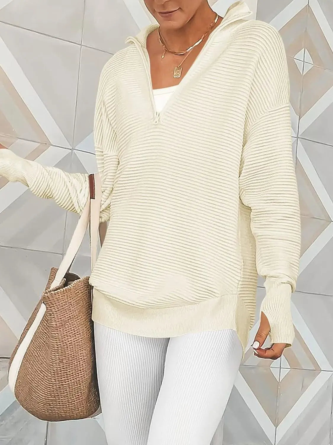 Half Zip Long Sleeve Knit Top Trendsi