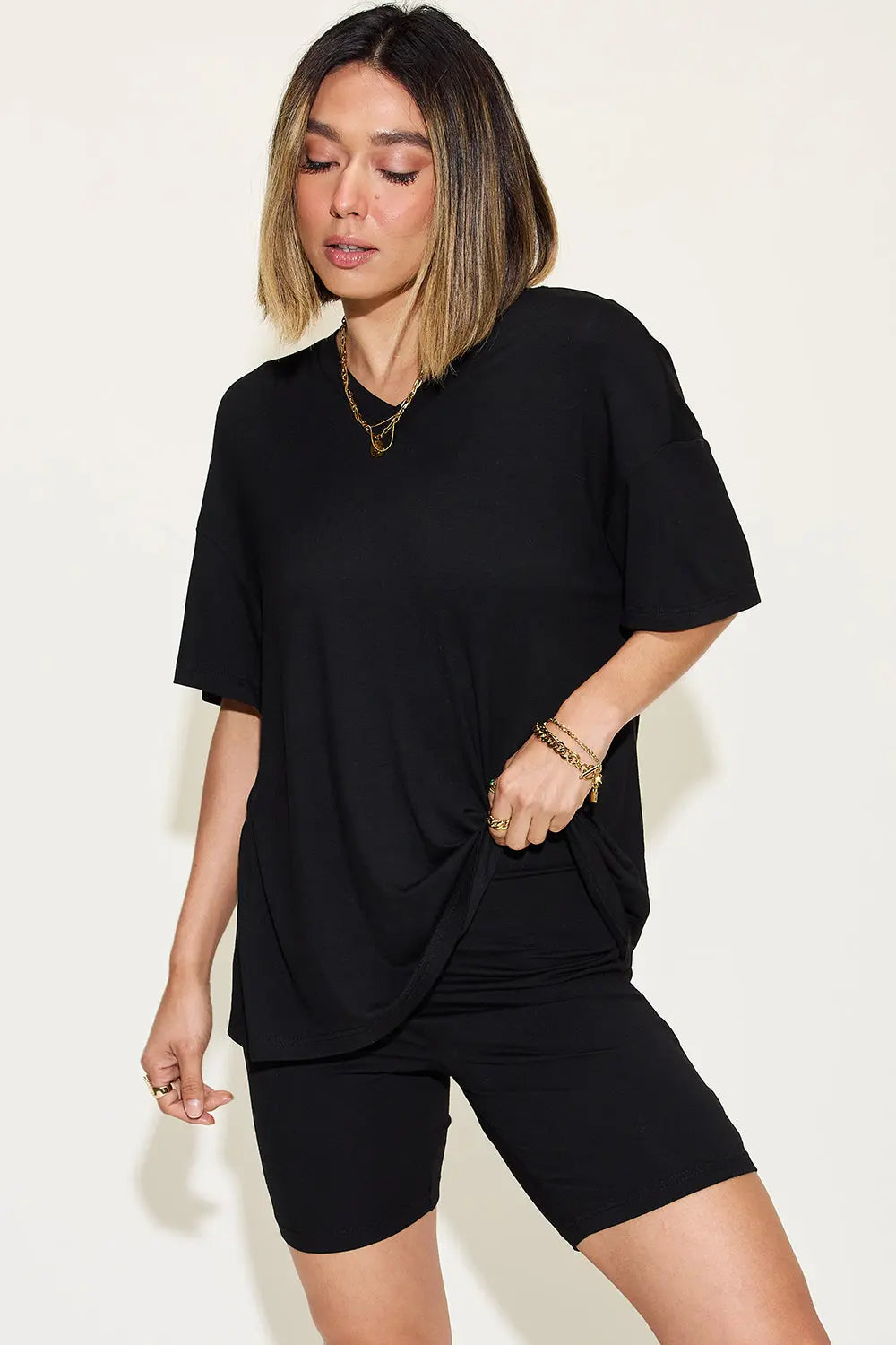 Basic Bae Full Size V-Neck Drop Shoulder T-Shirt and Shorts Set Trendsi