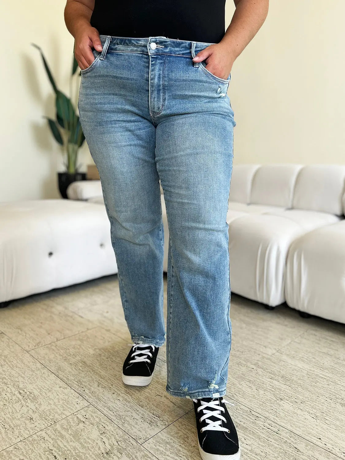 Judy Blue Full Size Mid Rise Distressed Straight Jeans Trendsi