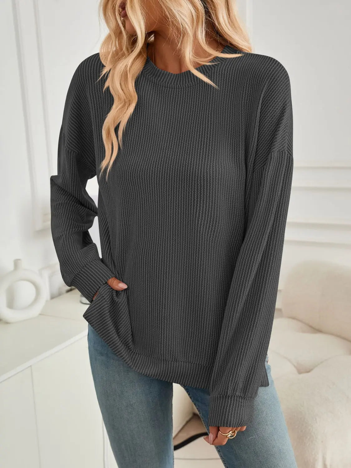 Slit Round Neck Long Sleeve Sweatshirt Trendsi