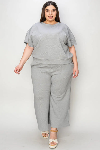 Double Take Full Size Texture Short Sleeve Top and Pants Set Trendsi