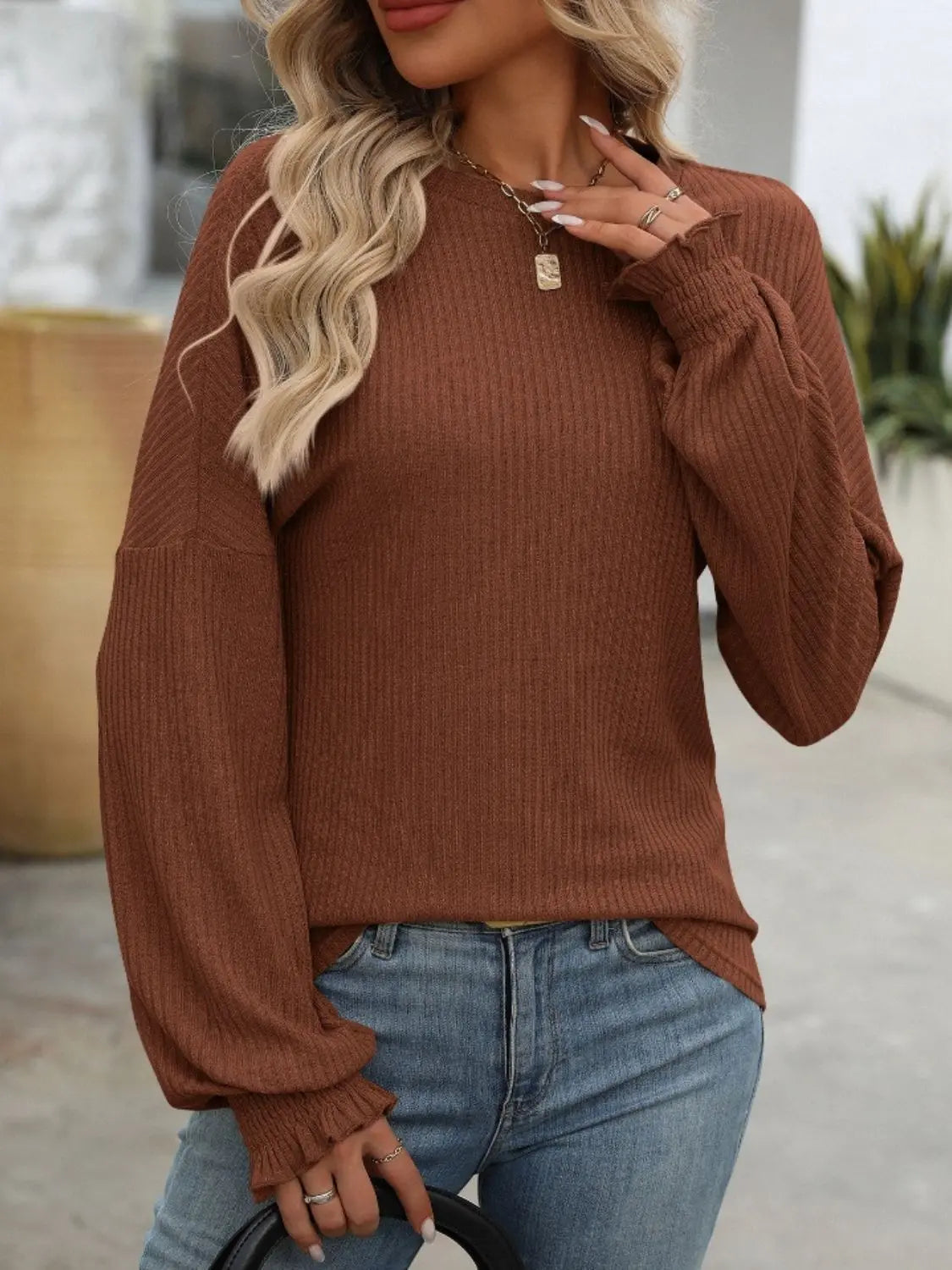 Ribbed Round Neck Long Sleeve T-Shirt Trendsi