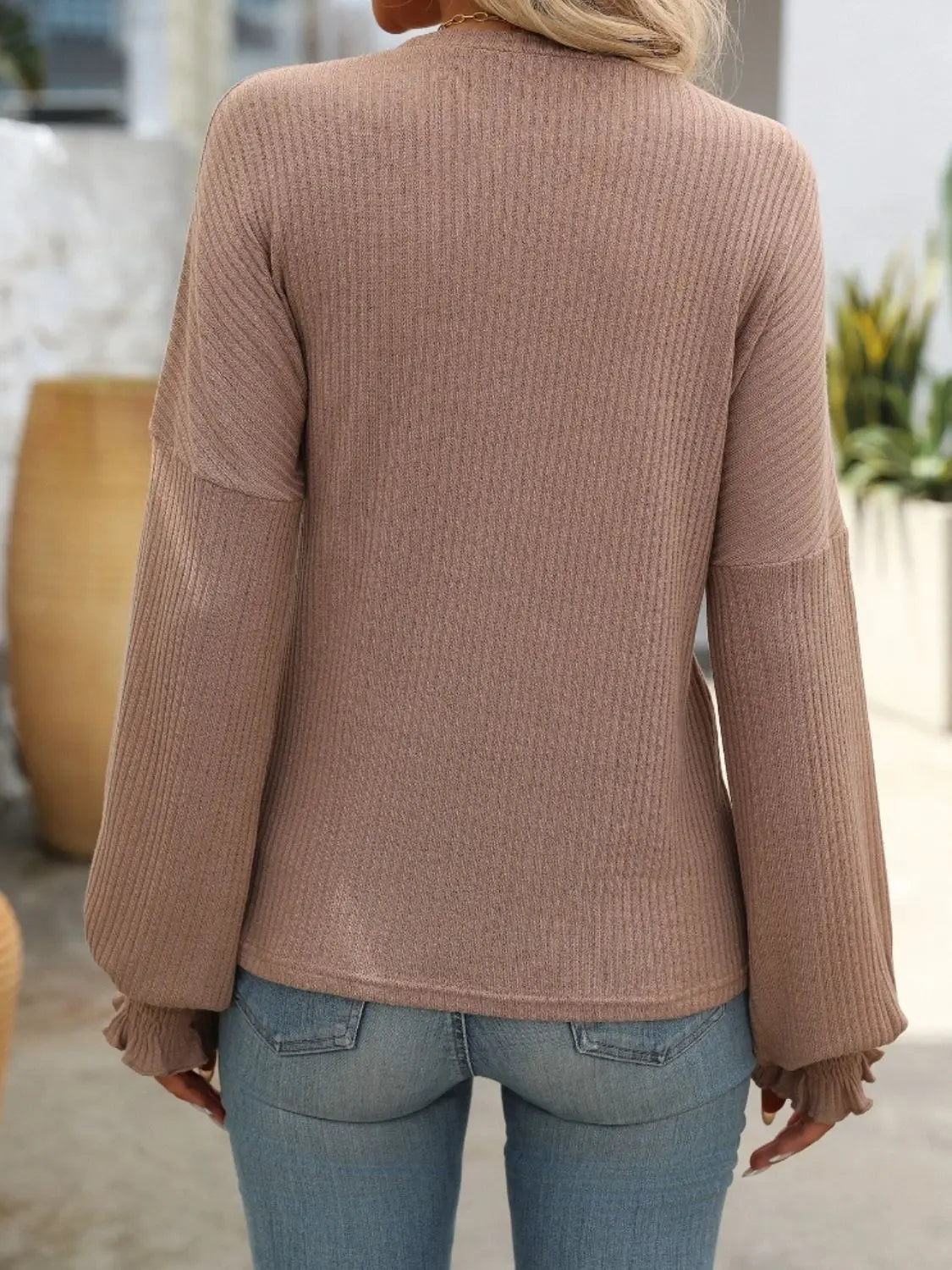 Ribbed Round Neck Long Sleeve T-Shirt Trendsi