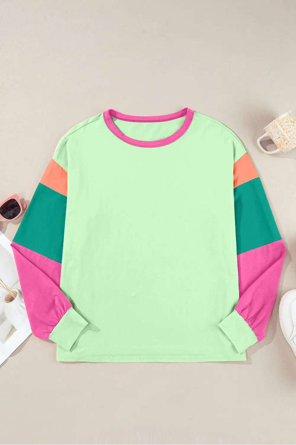 Color Block Round Neck Long Sleeve Top Trendsi