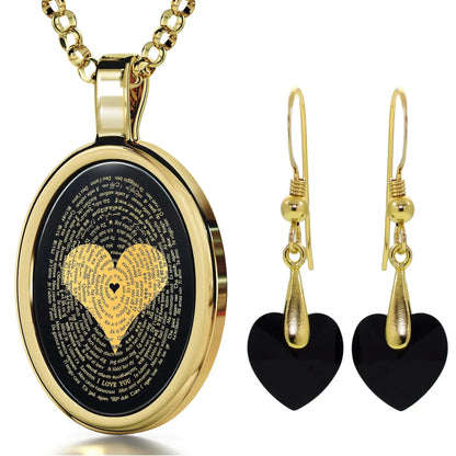 I Love You Necklace in 120 Languages 24k Gold Inscribed Onyx and Crystal Heart Earrings Jewelry Set Zendrop