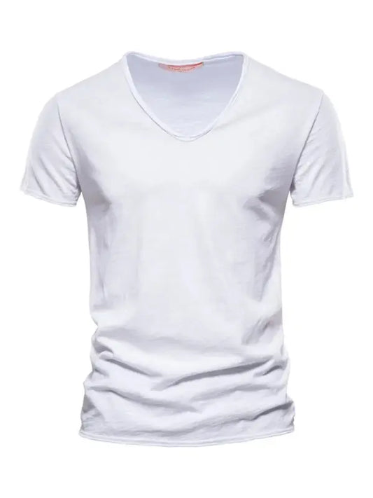 Men's New Solid Color Slub Cotton V-Neck Short Sleeve T-Shirt kakaclo