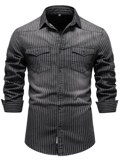 Men's Heavy Washed Distressed Striped Denim Shirt kakaclo