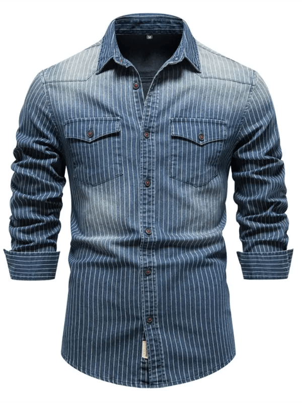 Men's Heavy Washed Distressed Striped Denim Shirt kakaclo