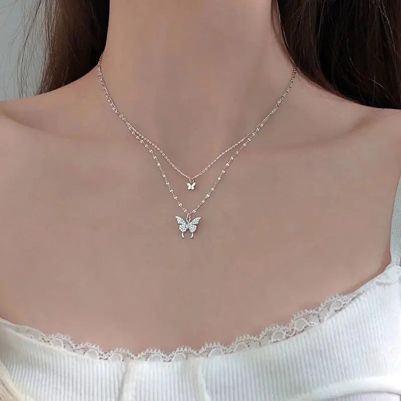 ANENJERY 925 Sterling Silver CZ Butterfly Necklace: Double Layer Dainty Jewelry Zendrop